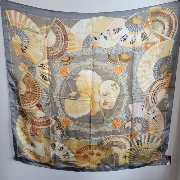 Vintage Huali 100% Silk Asian Fan Design Ladies Scarf - Picture 2 of 15